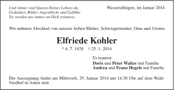 Traueranzeige von Elfriede Kohler von Schwäbische Post