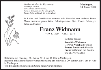 Traueranzeige von Franz Widmann von Gmünder Tagespost
