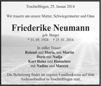 Traueranzeige von Friederike Neumann von Schwäbische Post