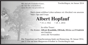 Traueranzeige von Albert Hopfauf von Schwäbische Post
