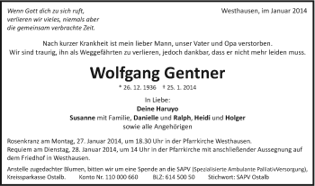 Traueranzeige von Wolfgang Gentner von Schwäbische Post
