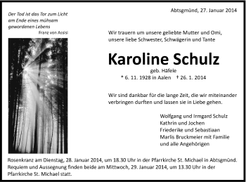 Traueranzeige von Karoline Schulz von Schwäbische Post