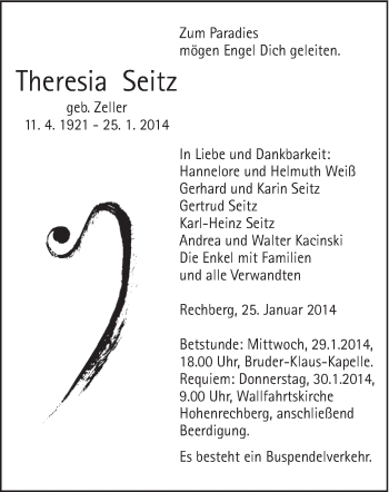 Traueranzeige von Theresia Seitz von Gmünder Tagespost