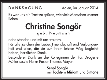 Traueranzeige von Christine Songör von Schwäbische Post