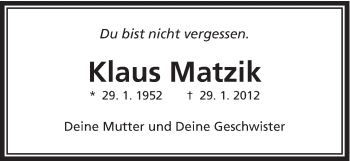 Traueranzeige von Klaus Matzik von Schwäbische Post