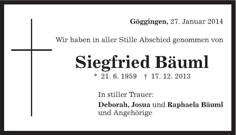  Traueranzeige für Siegfried Bäuml vom 28.01.2014 aus Gmünder Tagespost
