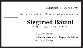 Traueranzeige von Siegfried Bäuml von Gmünder Tagespost