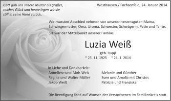 Traueranzeige von Luzia Weiß von Schwäbische Post
