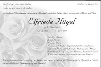 Traueranzeige von Elfriede Hügel von Schwäbische Post