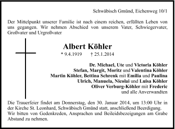 Traueranzeige von Albert Köhler von Gmünder Tagespost