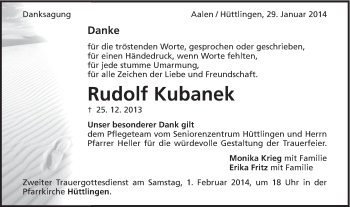 Traueranzeige von Rudolf Kubanek von Schwäbische Post