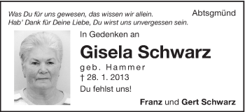 Traueranzeige von Gisela Schwarz von Schwäbische Post