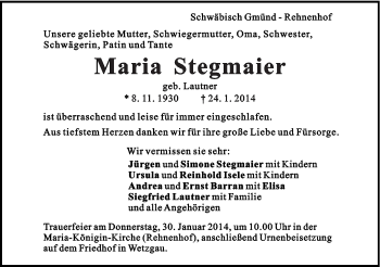 Traueranzeige von Maria Stegmaier von Gmünder Tagespost