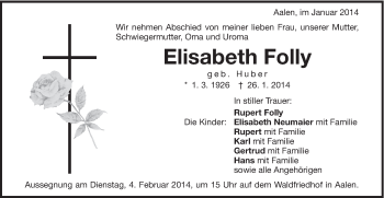Traueranzeige von Elisabeth Folly von Schwäbische Post
