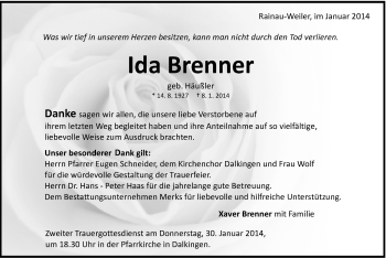 Traueranzeige von Ida Brenner von Schwäbische Post