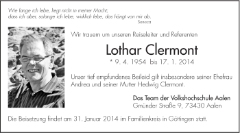 Traueranzeige von Lothar Clermont von Schwäbische Post