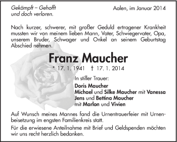 Traueranzeige von Franz Maucher von Schwäbische Post