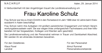 Traueranzeige von Karoline Schulz von Schwäbische Post