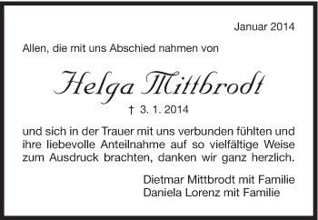 Traueranzeige von Helga Mittbrodt von Schwäbische Post