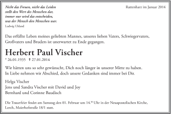 Traueranzeige von Herbert Paul Vischer von Gmünder Tagespost