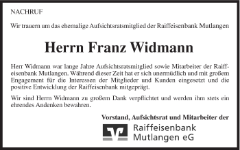 Traueranzeige von Franz Widmann von Gmünder Tagespost