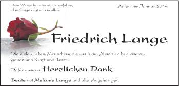Traueranzeige von Friedrich Lange von Schwäbische Post