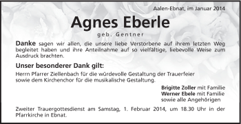Traueranzeige von Agnes Eberle von Schwäbische Post