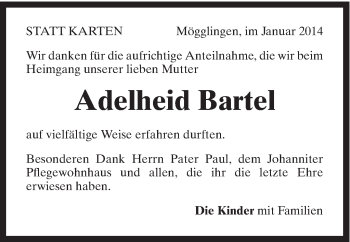Traueranzeige von Adelheid Bartel von Gmünder Tagespost