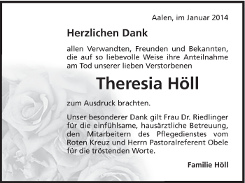 Traueranzeige von Theresia Höll von Schwäbische Post