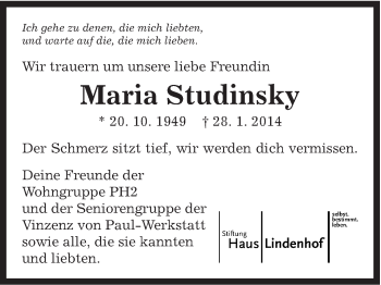 Traueranzeige von Maria Studinsky von Gmünder Tagespost