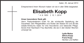 Traueranzeige von Elisabeth Kopp von Schwäbische Post