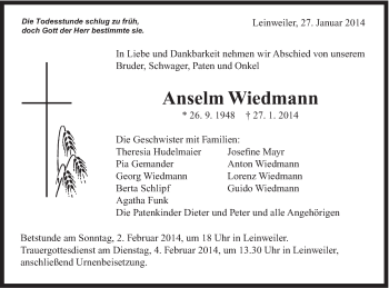 Traueranzeige von Anselm Wiedmann von 020