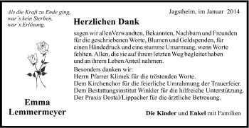 Traueranzeige von Emma Lemmermeyer von Schwäbische Post