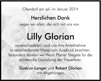 Traueranzeige von Lilly Glorian von Schwäbische Post