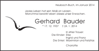 Traueranzeige von Gerhard Bauder von Gmünder Tagespost