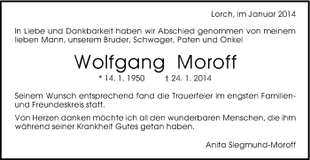 Traueranzeige von Wolfgang Moroff von Gmünder Tagespost
