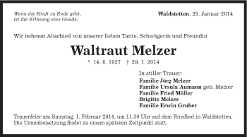Traueranzeige von Waltraut Melzer von Gmünder Tagespost