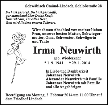 Traueranzeige von Irma Neuwirth von Gmünder Tagespost