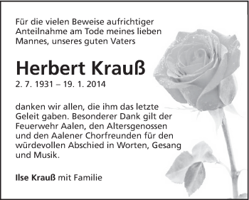 Traueranzeige von Herbert Krauß von Schwäbische Post