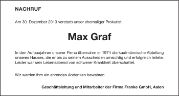 Traueranzeige von Max Graf von Schwäbische Post