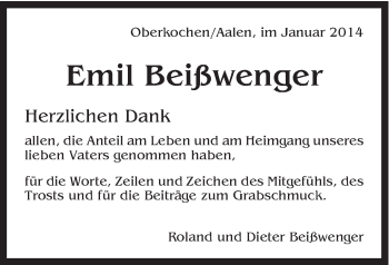 Traueranzeige von Emil Beißwenger von Schwäbische Post