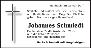 Traueranzeige von Johannes Schmiedt von Gmünder Tagespost