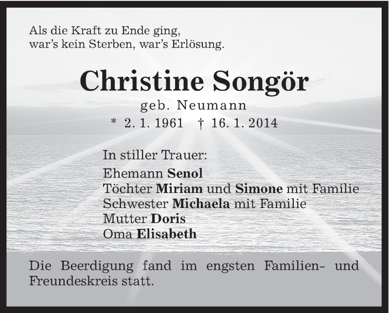  Traueranzeige für Christine Songör vom 21.01.2014 aus Schwäbische Post