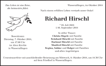 Traueranzeige von Richard Hirschl von Schwäbische Post