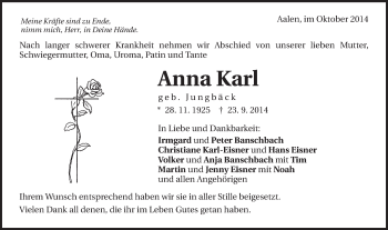 Traueranzeige von Anna Karl  von Schwäbische Post