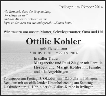 Traueranzeige von Ottilie Kohler von Schwäbische Post