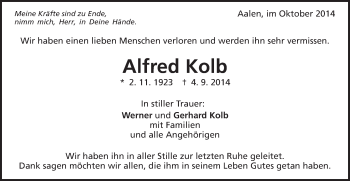 Traueranzeige von Alfred Kolb von Schwäbische Post