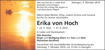 Traueranzeige von Erika von Hoch von Schwäbische Post