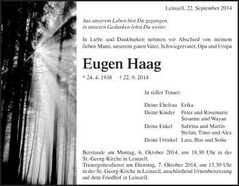 Traueranzeige von Eugen Haag von Gmünder Tagespost