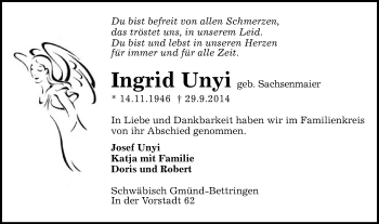 Traueranzeige von Ingrid Unyi von Gmünder Tagespost
